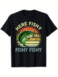 Men's T-Shirt Here Fishy Fishy Fishy Retro Sunset Waves And Jumping Green Bass Fish