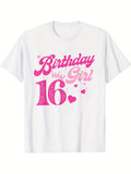 Women's T-Shirt Birthday Girl Pink Crowns Sparkling Hearts Glitter Accents Birthday Number Sixteen Shirt