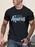 Men's T-Shirt Aquarius Blue Wavy Star Dotted Lettering Design With Heart And Zodiac Decoration Aquarius