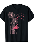 Men's T-Shirt Pink Dandelion Flowers With Flying Birds And Elegant Flamingo