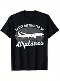 Men's T-Shirt Easily Distracted By Airplanes Distressed Retro Lines With White Passenger Jet Airplane