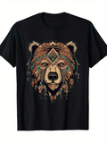 Men's T-Shirt Bohemian Style Geometric Feathers With Ethnic Pattern Adorning Majestic Fur Bear