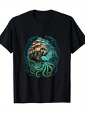 Men's T-Shirt Sailing Ship Among Deep Sea Waves With Lurking Giant Octopus