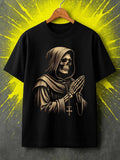 Men's T-Shirt Hooded Skeleton Praying In Monks Robe With Rosary Pendant