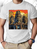Men's T-Shirt Golden Sunset With Ancient Stone Faces And Majestic Temple Entrance