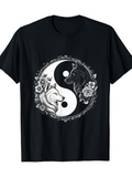 Men's T-Shirt Yin Yang Surrounded By Flowers Featuring Black And White Wolves