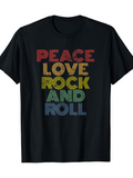 Men's T-Shirt Peace Love Rock And Roll Vibrant Colored Lettering On Black Cotton T Shirt