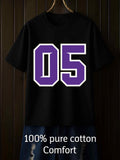 Men's T-Shirt Sporty Purple Outlined Numbers On Minimalist Black T Shirt