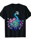 Men's T-Shirt Colorful Blossoms With Vibrant Feathers Surrounding Majestic Elegant Peacock