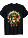 Men's T-Shirt Vibrant Feathers With Detailed Tribal Headdress Surrounding Strong Majestic Lion