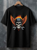 Men's T-Shirt Fiery Wings With Flaming Helmet Skull And Crossed Wrench Skull