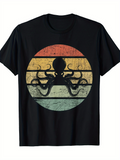 Men's T-Shirt Retro Faded Striped Sunset With Silhouette Octopus Graphic T Shirt
