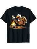 Men's T-Shirt Campfire Flames With Cartoon Turkey Roasting Marshmallow And Logs