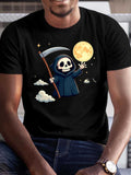 Men's T-Shirt Playful Grim Reaper Under Full Moon With Scythe Surrounded By Stars And Clouds