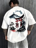 Men's T-Shirt Serene Japanese Landscape With Misty Mountains Moon And Torii Gate