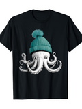 Men's T-Shirt Cartoon Style Playful Octopus With Knitted Blue Winter Hat Octopus
