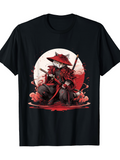 Men's T-Shirt Red Sunlight Samurai Outfit With Fierce Warrior Cat Holding Swords