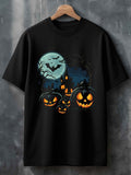 Men's T-Shirt Haunted Blue Night With Full Moon Pumpkin Lanterns Surrounded By Shadows