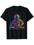 Men's T-Shirt Colorful Neon Lights With Headphones Spinning Music DJ Astronaut