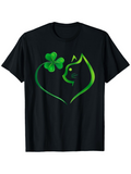 Men's T-Shirt Green Lucky Clover With Artistic Heart And Cat Silhouette