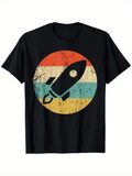 Men's T-Shirt Retro Faded Color Stripes With Large Black Rocket