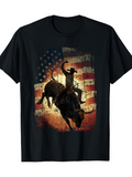 Men's T-Shirt Sunset Rodeo With Cowboy Silhouette Under Faded American Flag Bull
