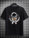Men's T-Shirt Cartoon Astronaut Floating And Eating A Hamburger On Crescent Moon