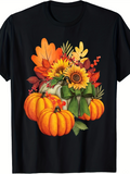 Men's T-Shirt Autumn Leaves Sunflowers Pumpkins With Green Ribbons On Black T Shirt