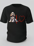 Men's T-Shirt Red Heartbeat Line With Realistic Sitting Dog