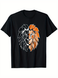 Men's T-Shirt Geometric Abstract Lines In Contrasting Orange And White Lion