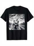 Men's T-Shirt Surreal Black And White Chicken Under Mysterious Flying Saucers In Forest