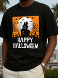 Men's T-Shirt Happy Halloween Haunted Moonlit Night With Bats Pumpkins Ghosts And Bare Trees Mansion
