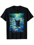 Men's T-Shirt Enchanted Water Lilies With Cat Emerging From Midnight Pond