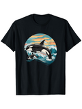 Men's T-Shirt Sunset Ocean Waves Crashing With Two Swimming Majestic Orca Whales