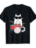 Men's T-Shirt Cool Cat Playing Drums With Sunglasses On In Fun Band