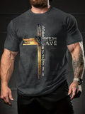 Men's T-Shirt Golden Shine Vertical Cross Featuring Faded Religious Quote Graphic Cross
