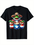 Men's T-Shirt Colorful Summer Frog Playing Bongos With Red Blue Stars And White Hat