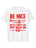 Men's T-Shirt Be Nice Bold Red Letters With Trumpet Line Art Centered