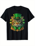 Men's T-Shirt St Patricks Day Clover Decor With Green Hat And Fancy Bow Tie Cat