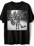 Men's T-Shirt Snowy Winter Forest With Festive Reindeer And Santa Among Pine Trees