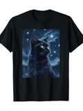 Men's T-Shirt Starry Night Sky With Shimmering Clouds And Mystic Black Cat