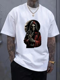 Men's T-Shirt Dark Hooded Figure Holding Cat With Eerie Shadowed Skeleton