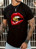 Men's T-Shirt Glossy Red Lips Biting Shiny Gold Bullet Dripping Lip Design