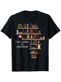 Men's T-Shirt Education Is Freedom Books Stacked On Shelves With Tiny Figurines And Clocks