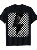 Men's T-Shirt Bold Lightning Striking Through Distorted Checkerboard Pattern