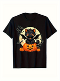 Men's T-Shirt Glowing Full Moon Pumpkins With Cute Bat Cat And Flying Bats
