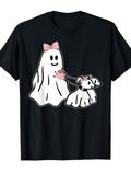 Women's T-Shirt Cute Little Ghost With Pink Bow Holding Puppy On Leash Ghost