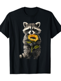 Men's T-Shirt Fluffy Raccoon Holding Bright Sunflower With Shaded Fur Detail