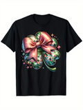 Men's T-Shirt Glittering Disco Patterned Four Leaf Clover With Shiny Pink Ribbon Bow