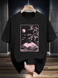Men's T-Shirt Pink Sakura Blossoms With Tranquil Moon Over Majestic Mountain